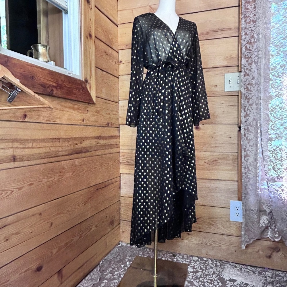 Vintage Wrap Duster Maxi Dress Womens Size 8 Black Gold Polka Dot‎ Alexa B Nites